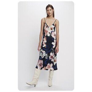Silk Laundry 90s Floral Lilies Silk Spaghetti Strap Midi Dress sz xs